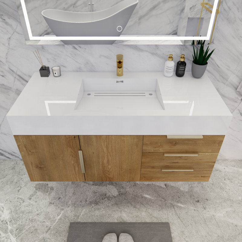 Ensemble de meuble-lavabo simple mural 48 po Glasgow, Blanc brillant, Chêne