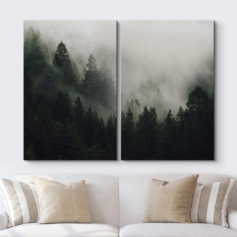 2 pièces, vue aérienne de la chaîne de montagnes brumeuses, nature, paysage rustique moderne sur toile, Toile tendue