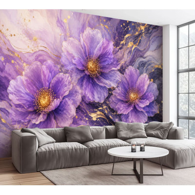 Wall Mural Peel and Stick Wallpaper Purple Floral Flowing Gold Accents Soft Waves Self-Adhesive Removable Contact Paper Wall Decor for Living Room Bedroom 100"H x 144"W