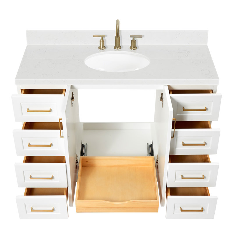 Freitas 48'' Solid Wood Single Bathroom Vanity, White, Oval, Carrara Quartz