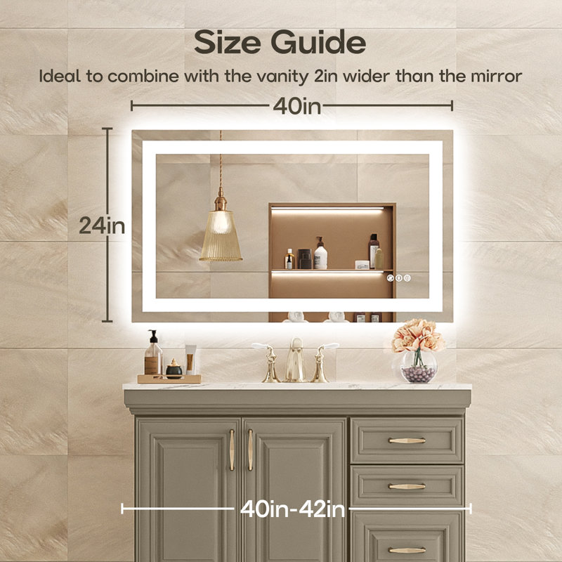 Frameless LED Bathroom Mirror 40x24 Inch, Tempered Glass, Wall-Mounted Vanity Mirror with Anti-Fog, 3 Colors Dimmable Light, Memory Function