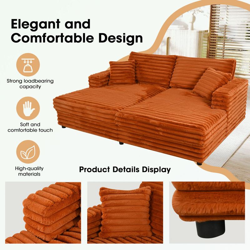 Causeuse en velours côtelé avec 2 coussins, Orange