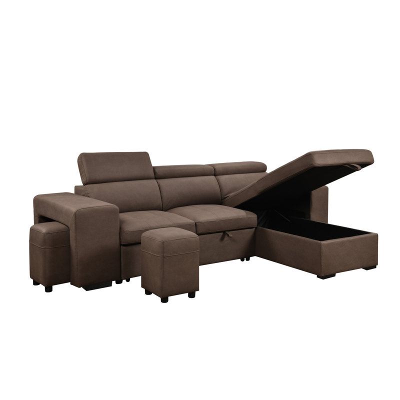 Dorla 102.7'' L-Shaped Reversible Sectional Sleeper Sofa 2 In 1 Convertible Sectional Sofa With Pull Out Bed, Storage Chaise And 2 Stools