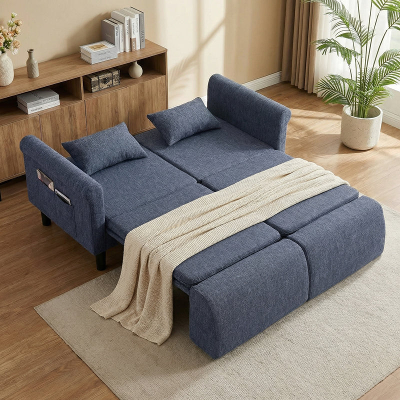 73.8" Linen Round Arm Convertible Sofa, Blue