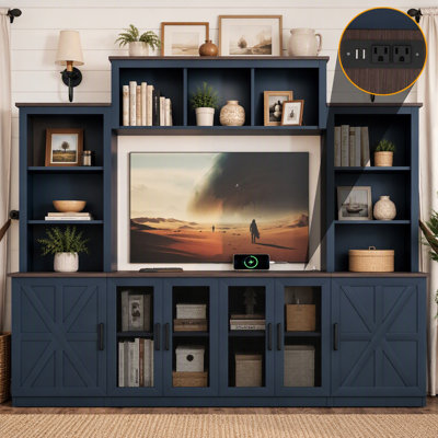Modern TV Stand with Charging Station and USB Ports, Multifunctional Media Console with Open Shelves and Storage Cabinets
