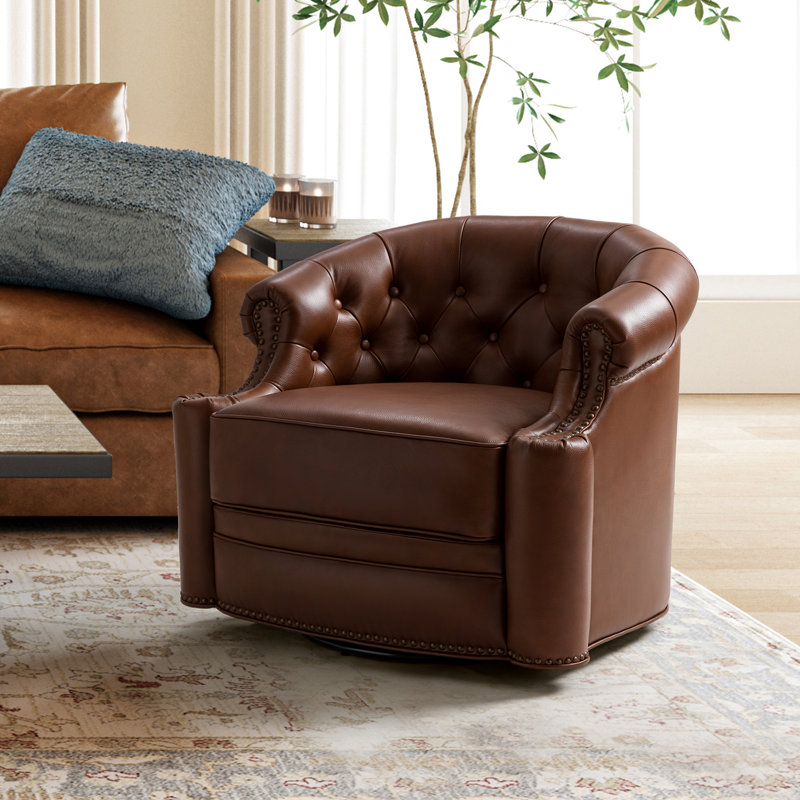 Toiya 31.5" Wide Genuine Leather Swivel Chair, Brown
