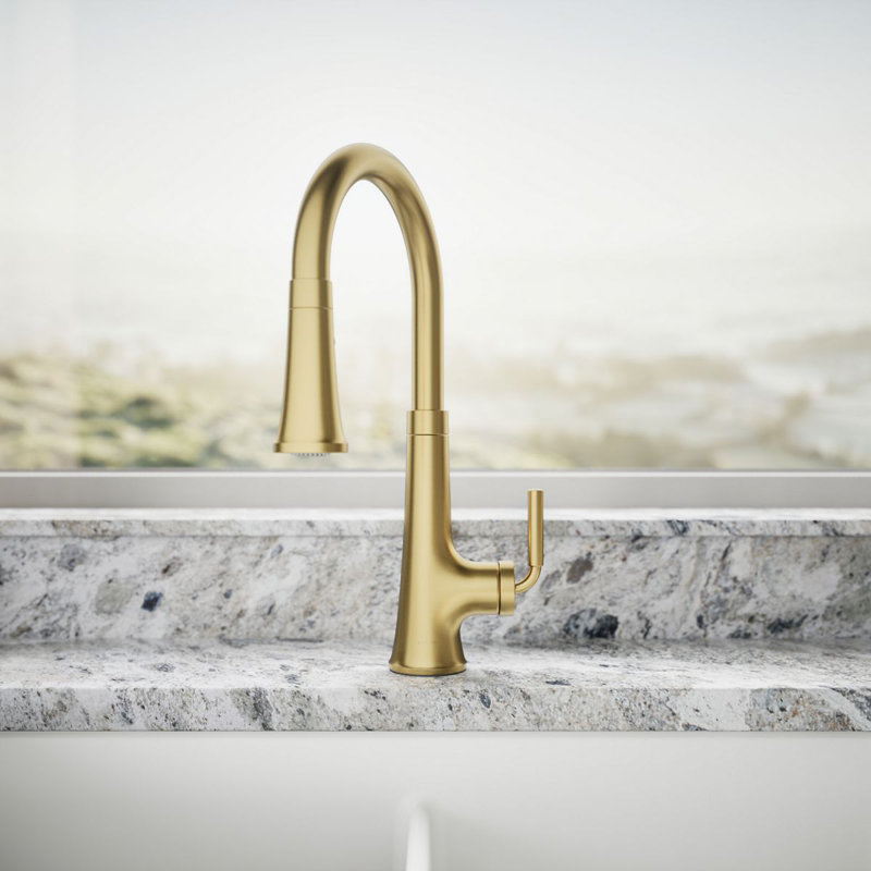 Tone Single Handle Pull Down Kitchen Sink Faucet with Three-Function Pull Down Sprayer, Vibrant Brushed Moderne Brass
