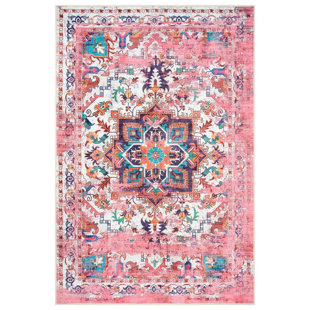 GLN Rugs Traditional Collection - Machine Washable Area Rug, Traditional Washable Rug, Non Slip Washable Rug, Low Pile Chenille Living Room Rug, Bedroom Rug, Kitchen Rug (Pink Rug)