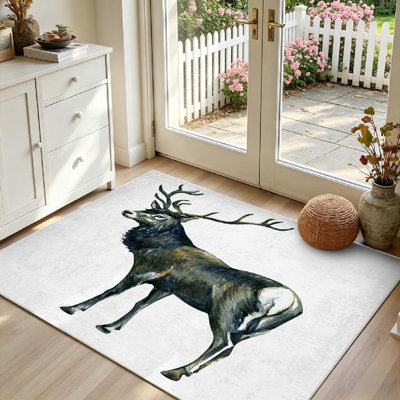 Tapis d'intérieur blanc lavable à la machine, motif aquarelle de chevreuil mignon et magnifique