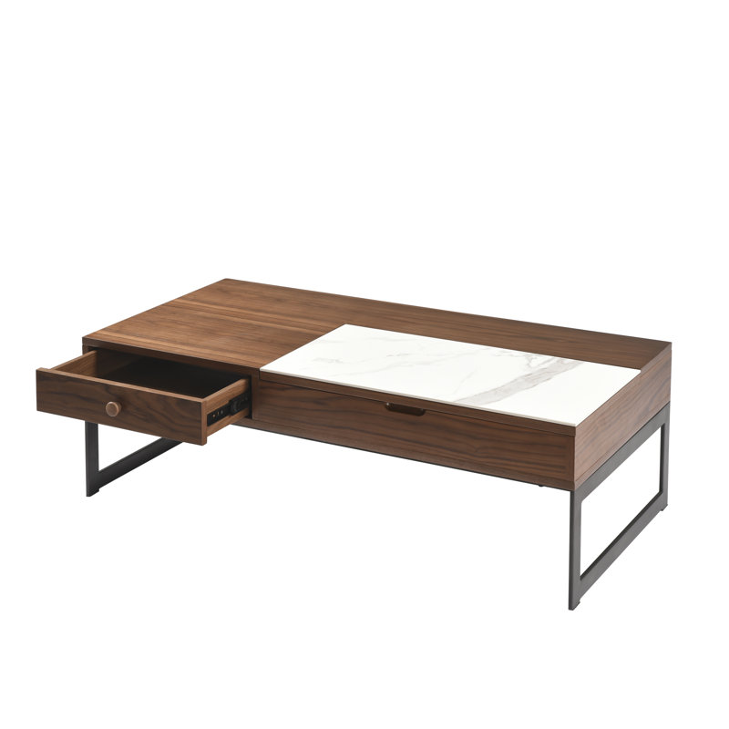 Faye Transitional Rectangular Lift-Up Coffee Table In Walnut Finish With Sintered Stone Panel, Black