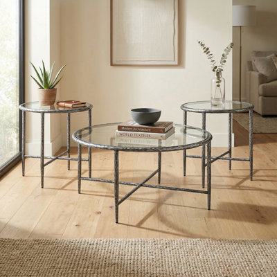 Lalia 3-Piece Modern Hammered Metal X-Brace Round Coffee Table Set