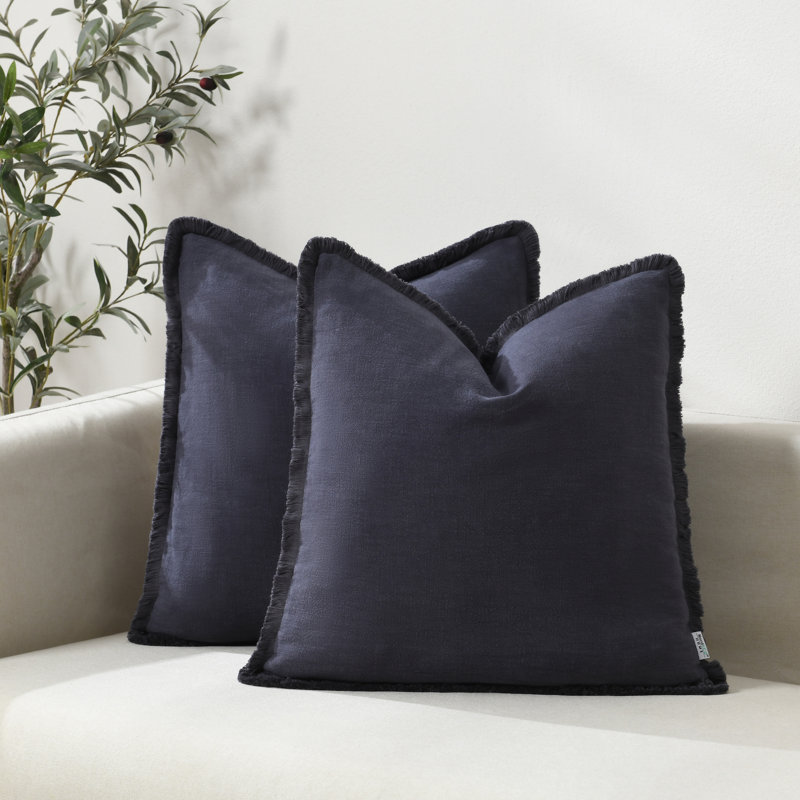 Housse de coussin en lin délavé texturé Boho Farmhouse, Marine, Carré 24 po