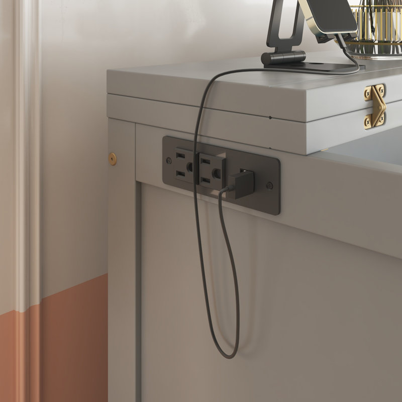Lit escamotable en bois massif avec chargeur intégré et tablettes amovibles, gris, Grand lit