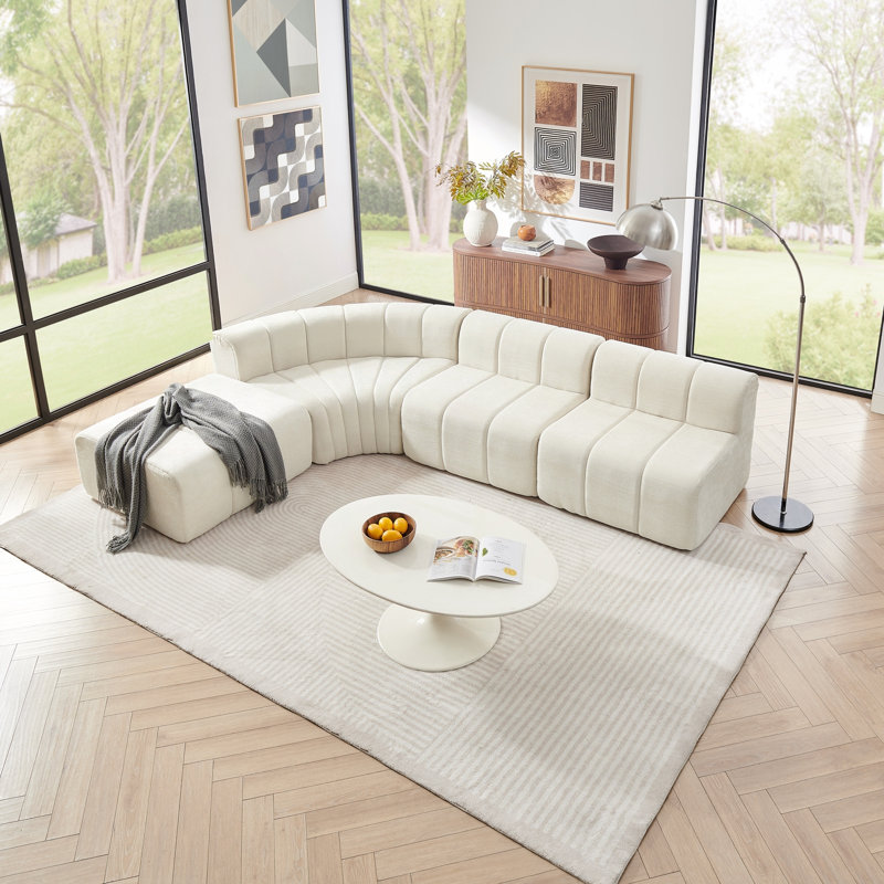 Canapé modulaire semi-incurvé modulaire en chenille avec repose-pieds mobile, aucun assemblage requis, Beige Chenille, Beige