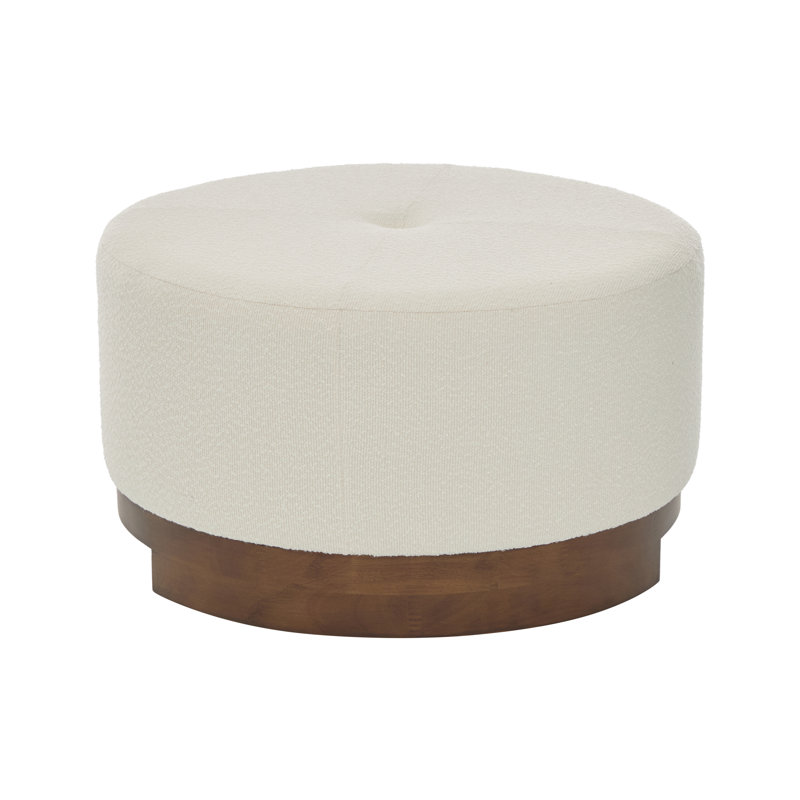Elmcrest Round Mid-century Modern Upholstered Ottoman with Solid Wood Base, Beige Boucle