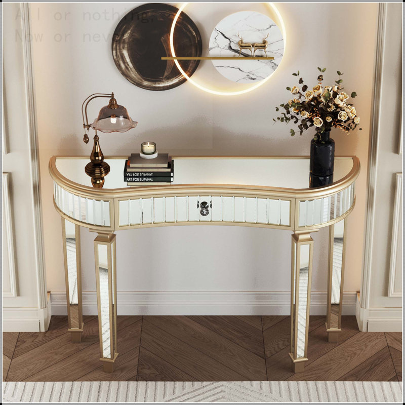 Console demi-lune à miroir avec verre cannelé et poignée en cristal, Noir antique