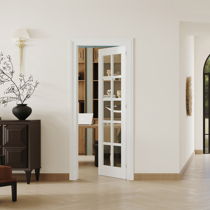 Dalle de porte intérieure pré-suspendue en verre transparent 10-Lite - Panneau de fibres à densité moyenne blanc avec montant réglable et ensemble de quincaillerie 
