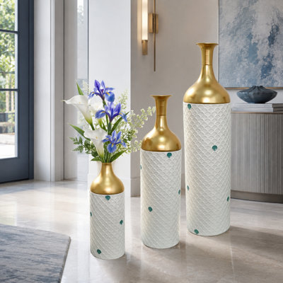 Ensemble de 3 vases de sol en métal blanc et doré, vases décoratifs gigognes hauts avec finition texturée