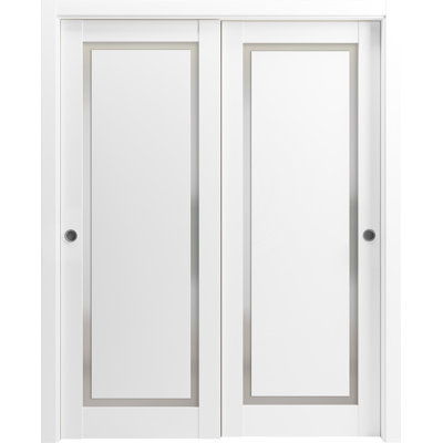 Portes coulissantes de placard Planum 0888 peintes en blanc avec verre dépoli, rails robustes, moulures, garnitures, quincaillerie, bois massif, portes de placard de chambre à coucher - 84 po x 84 po (2 x 42 x 84)