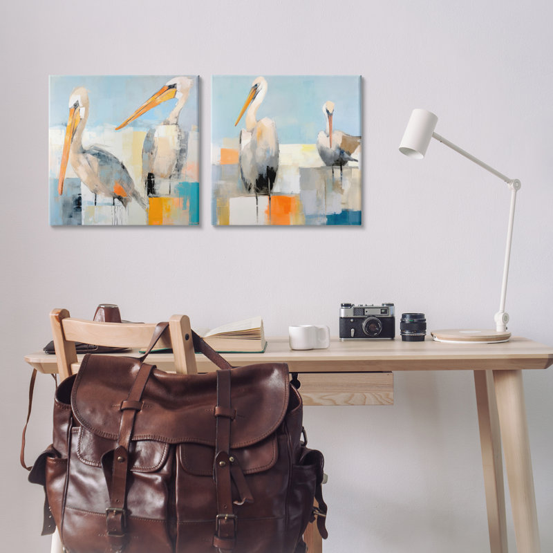 Paire de pélicans abstraits, ensemble de 2 pièces d'art sur toile par Irena Orlov, H 17 po x l 17 po