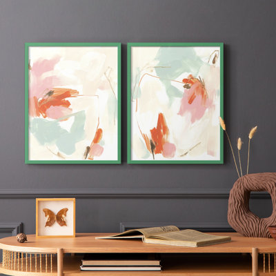 «Peach Blossom Mirage I», reproduction encadrée de qualité supérieure - prête à être accrochée - aucun clou requis - aucun clou requis