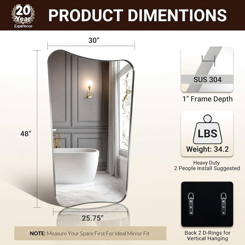 Contemporary Concave Scalloped Irregular Bathroom Vanity Mirror | Stainless Steel Frame, Brushed Nickel, 48" x 30"