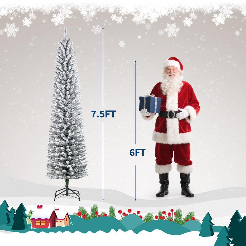 Christmas Tree,Pencil Artificial Tree with Prelit Branch Tips, Snow Flocked Slim Design, Warm White LED Lights & Foldable Stand, Easy Assembly for Home, Office, Apartment