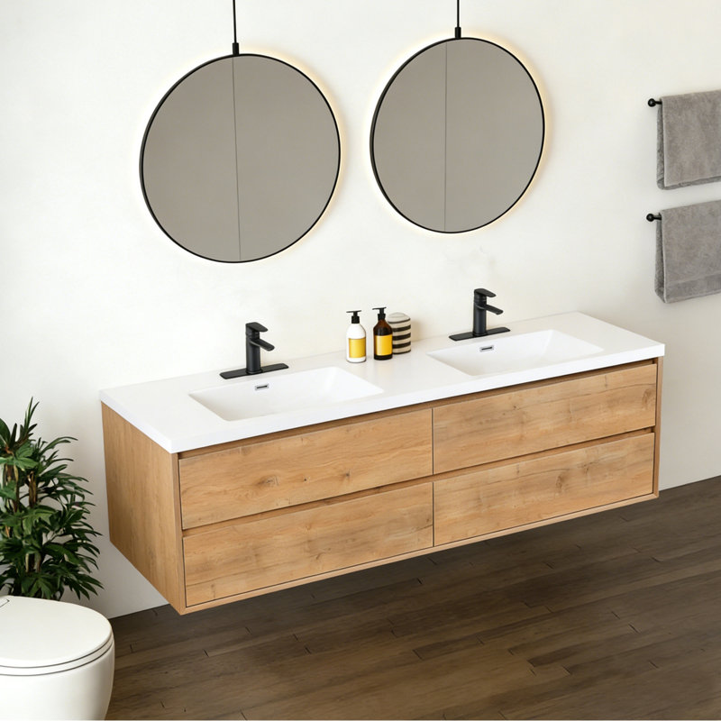 Meuble-lavabo mural moderne avec tiroirs flottants, 84"