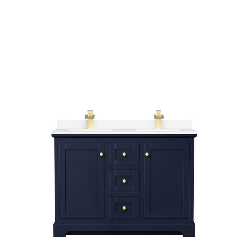 Ensemble de meuble-lavabo double 48 po Avery, Bleu foncé, Marbre de culture blanc, Or brossé