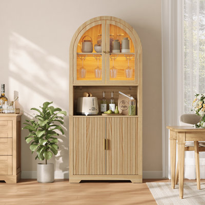 70" Tall Arched Wine Bar Cabinet With LED Light, Fluted Coffee Bar Cabinets With Stemware Rack