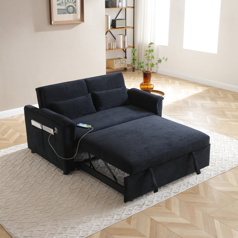 Causeuse-lit convertible en velours 58,3 po avec lit escamotable, dossier réglable, ports de chargement USB et poches de rangement latérales
