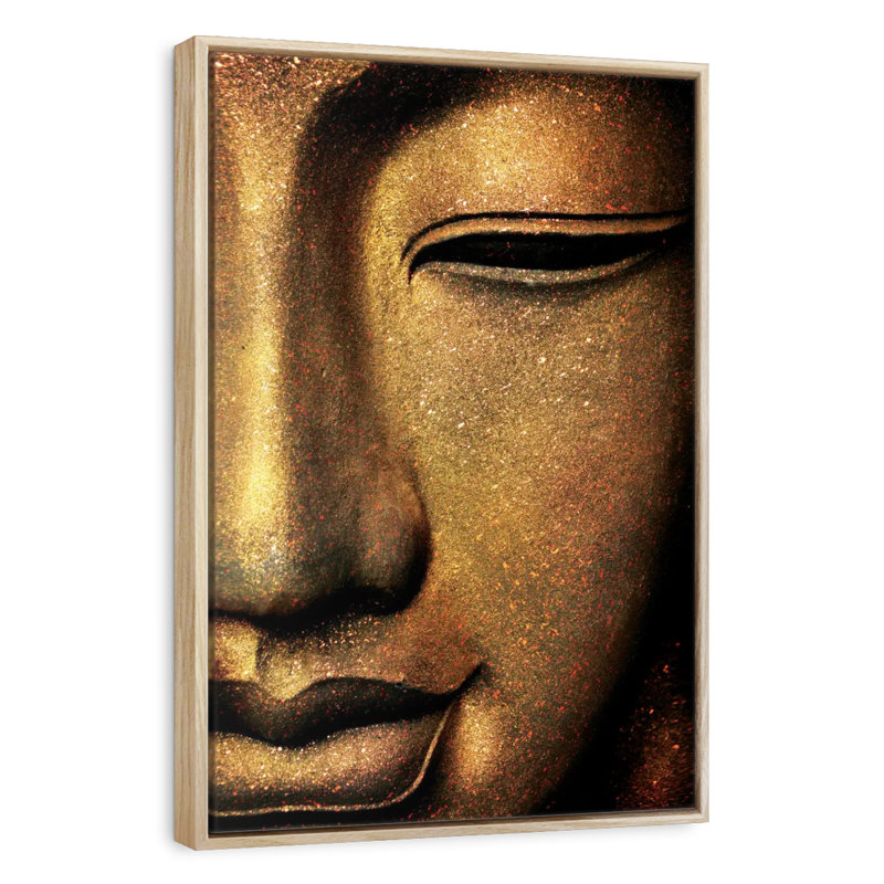 Golden Buddha Face, Floating Frame Natural Wood, 21" x 31"