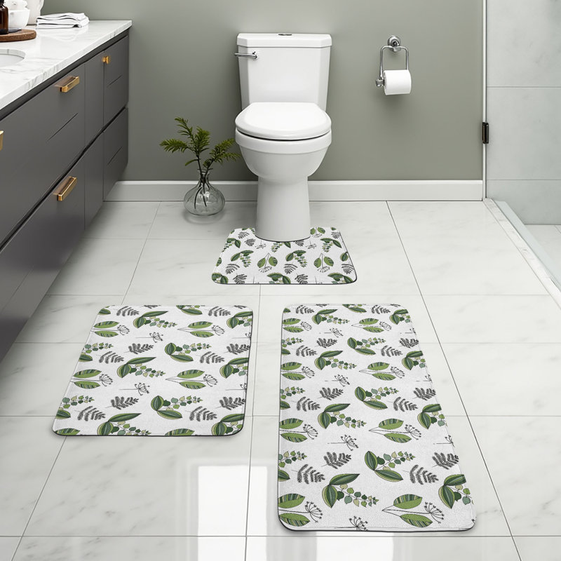  Ensemble de 3 tapis scandinaves pour salle de bain en U et tapis rectangulaires vert olive et blanc