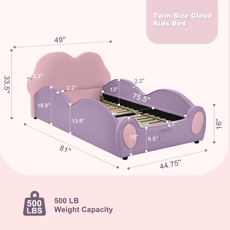 Twin Size Cloud Upholstered Kids Bed, Leather Toddler Bed with Solid Wood Frame, Side Storage Pocket & Low Safety Guardrail for Kids Bedroom