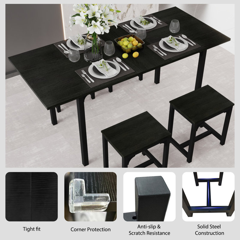 5-piece Dining Table Set For 4-8 People, 63" Large Extendable Kitchen Table Set With 4 Square Stools, Dining Room Table, Easy Assembly & Clean