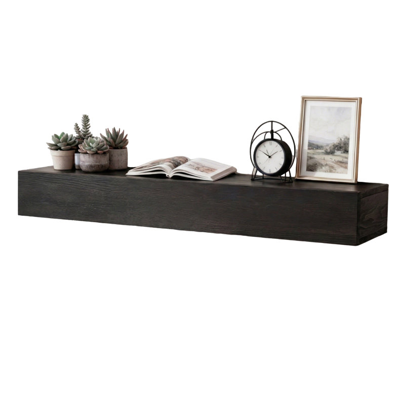 60" Solid Wood Fireplace Mantel, Floating Shelves, 60", Black