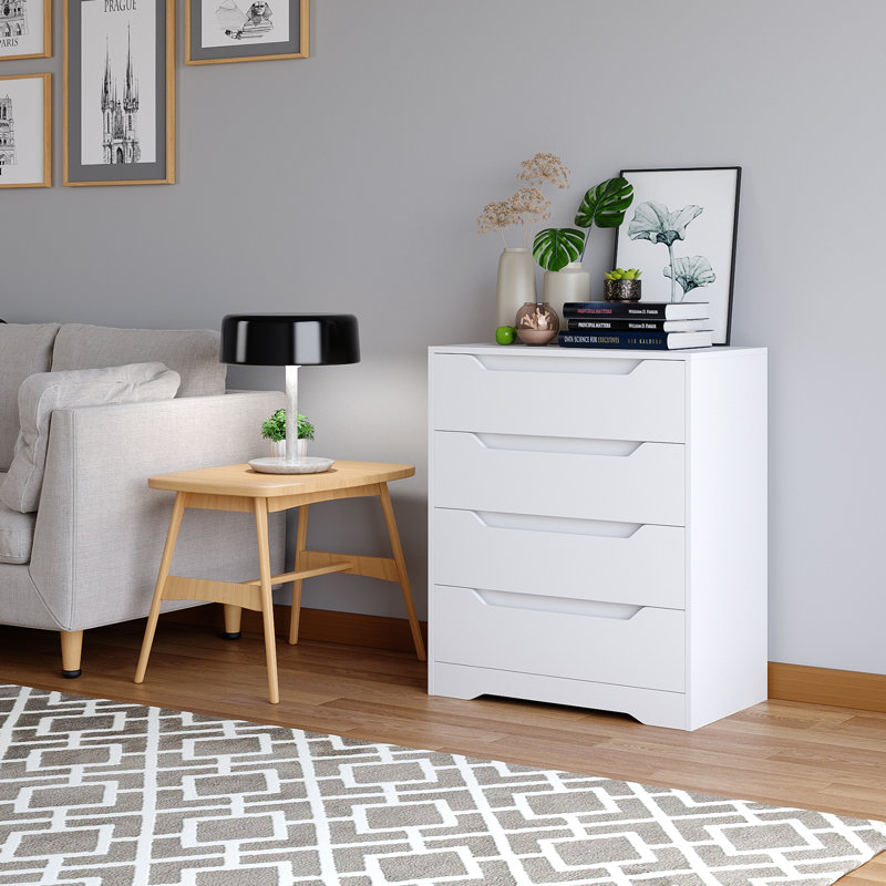 Commode 4 tiroirs Basanti, conception sans main, Blanc