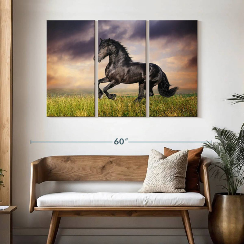 Cheval frison galopant Brampt, H 32 po x l 50 po