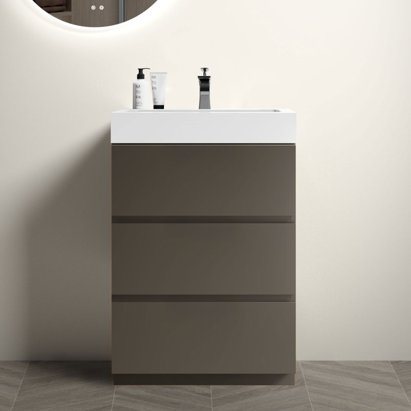 Meuble-lavabo 24 po avec grand rangement et lavabo une pièce, Gris