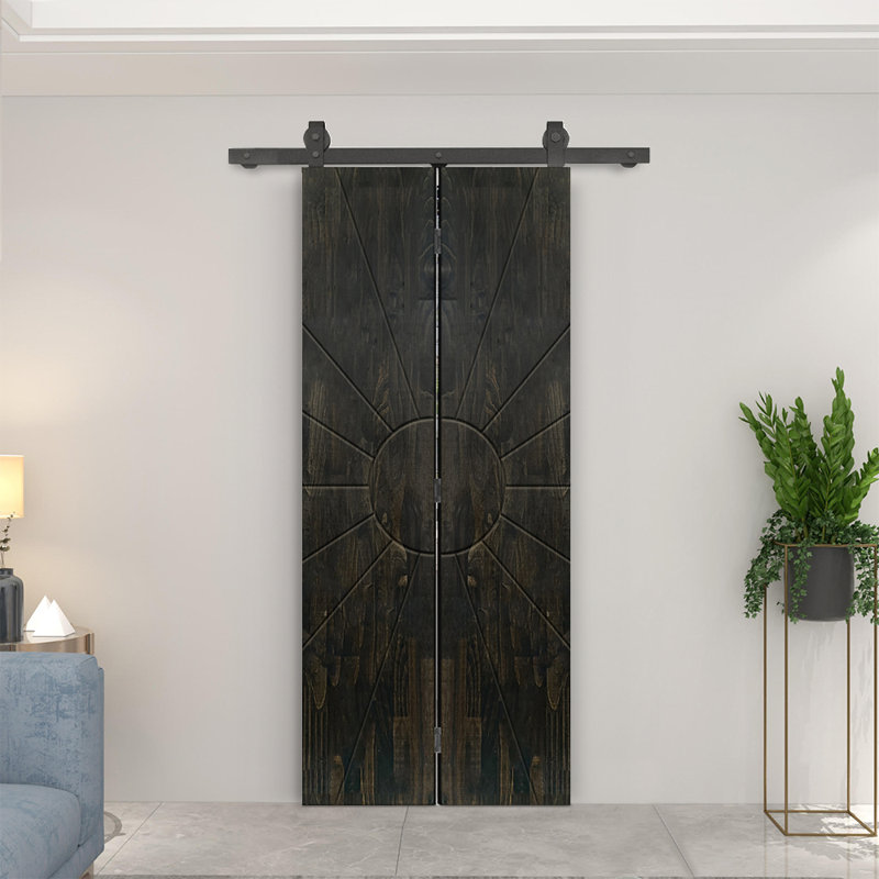 Pine Wood Bi-Fold Barn Door with Sliding Hardware Kit, Charcoal Black, 38" x 84"