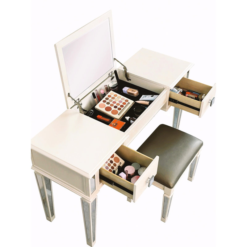 Bedroom Dressing Table With Mirror - Mirrored Makeup Vanity Easy-maintain And Piece Desk For Stool Easy Paint Surface