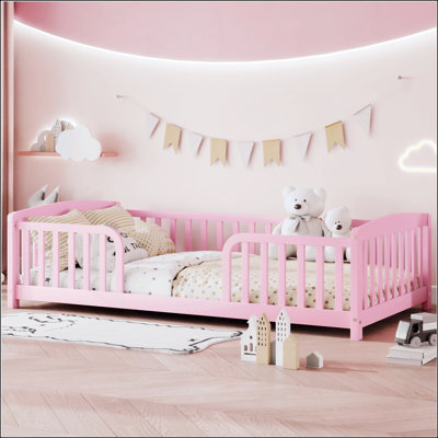 Twin Size Floor Fence Bed with Central Entrance, Pine Wood Guardrails for Safety and Comfort, Ideal for Compact Spaces and Early Independence