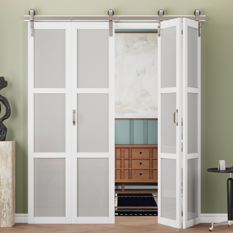 Double porte de grange pliable en verre givré blanc 3 pièces (ensemble de nickelage) avec trousse de quincaillerie et poignée (garde-manger, garde-robe)
