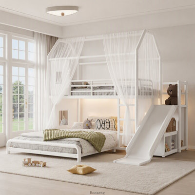 Twin Playhouse Metal Bunk Bed with Slide, LED Strip, Curtain, Cabinet & Hanging Rod, White, Kids Play Bunk Bed