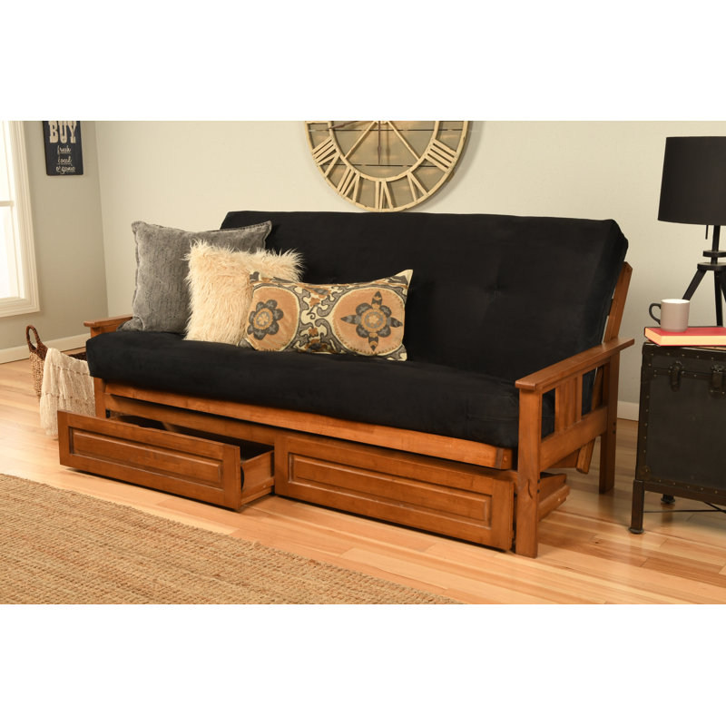 Le cadre de futon double Stratford comprend des tiroirs de rangement et un matelas, Microsuède noir suède, Barbade