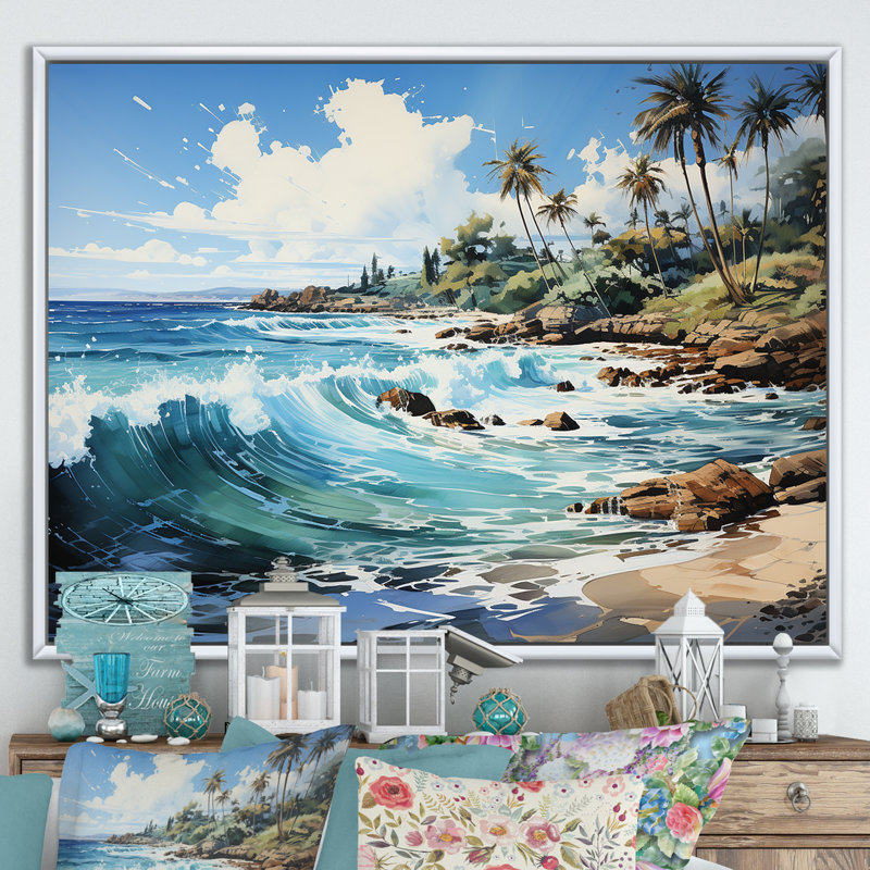 Palmier turquoise sur fond tropical, Cadre flottant blanc, H 16 po x l 32 po x P 1 po
