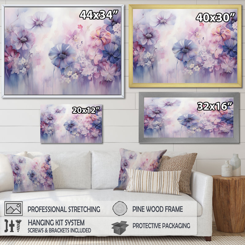 Impression sur toile mauve et mystique mauve, Cadre flottant noir, H 30 po x l 40 po x P 1,5 po