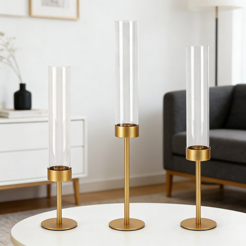 Glass Hurricane Candle Holders Set Of 3 With Gold Metal Base, Tiered Taper Candle Stick Holders For Elegant Dining Table Centerpiece, Wedding, Christmas And Home Decor