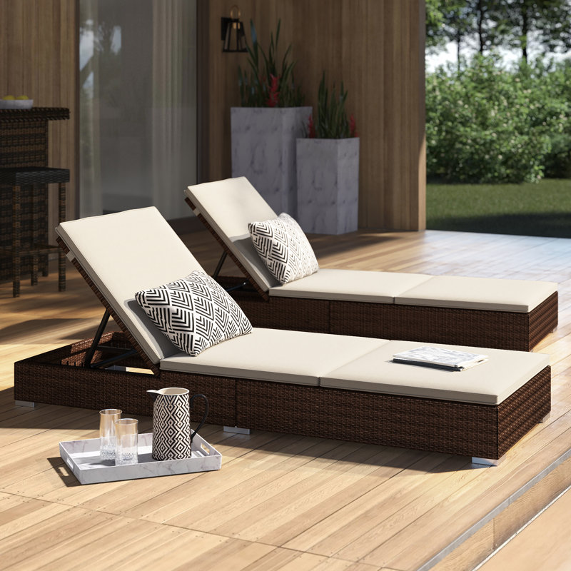 Pacey 77.1" Long Reclining Aluminum & Wicker Single Chaise Lounge with Cushions, Beige, Brown