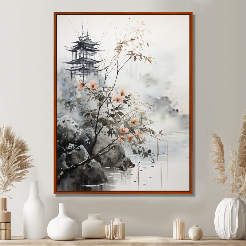 Art asiatique, oiseau Sumi, sérénité - impression, H 32 po x l 16 po x P 1 po, Cadre flottant brun